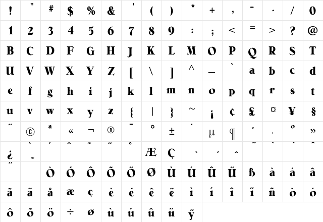 BelliniBoldCondensed Regular  glyph index