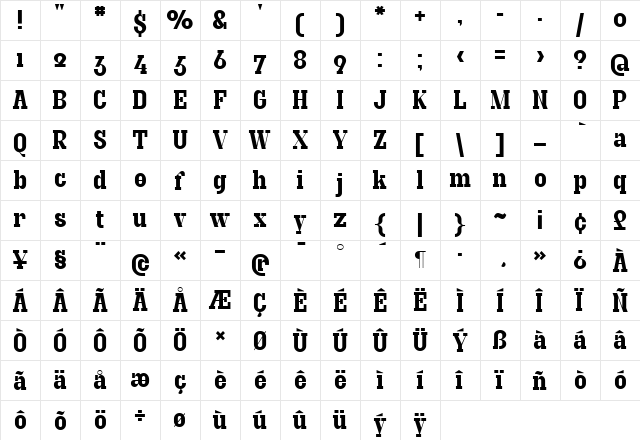 GraniteAlternate Regular  glyph index
