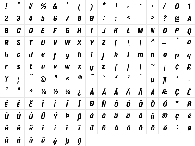 Veriox Bold Italic  glyph index