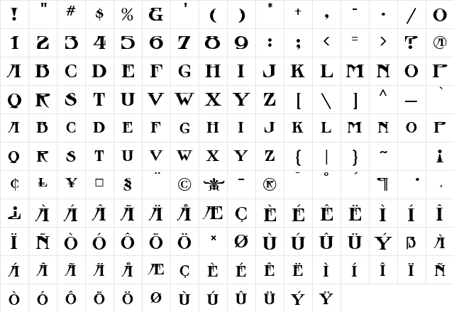 Stowaway Regular  glyph index