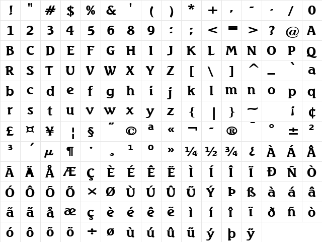 Beach-Extended Bold  glyph index