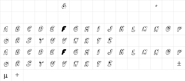 Cartoon Slant 2 Italic  glyph index