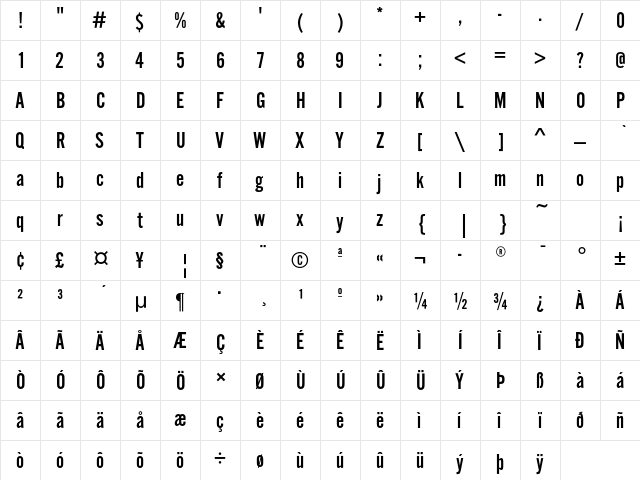 AlternateGothicEFOP-NoTwo Regular  glyph index