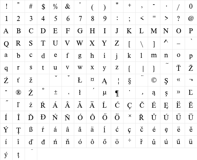 TimelessTEELig Regular  glyph index