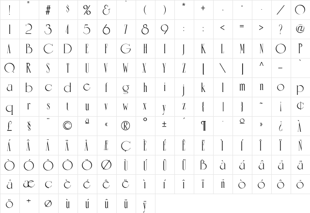 Romantique Regular  glyph index