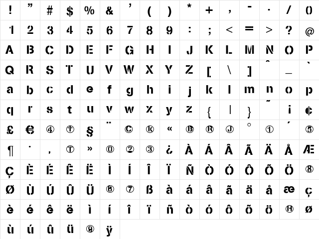 Stencilia-A Regular  glyph index