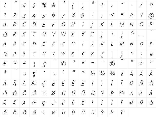 Legato SC Light Italic  glyph index