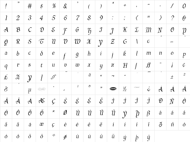 Quill Sword Light Italic Light Italic  glyph index