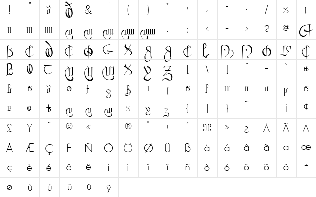 Courthand Plain  glyph index