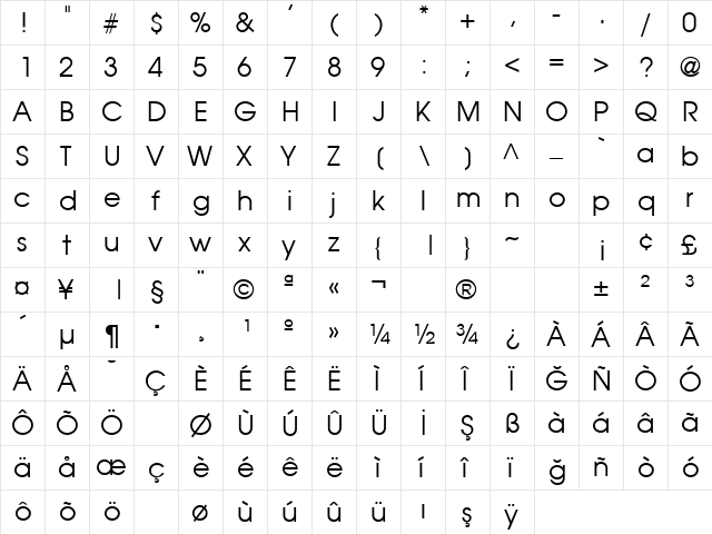 TR Avalon Plain  glyph index