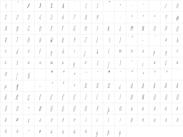 Elegant Sans Light Italic  glyph index