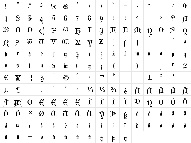 WestminsterGotisch Regular  glyph index