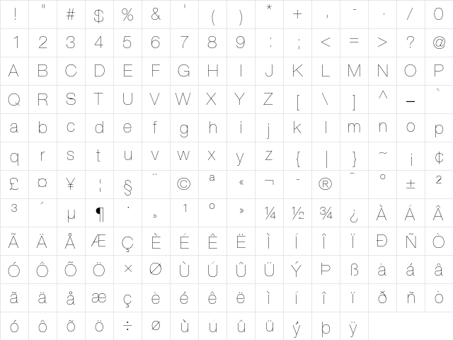 Helvetica Neue 25 Ultra Light  glyph index