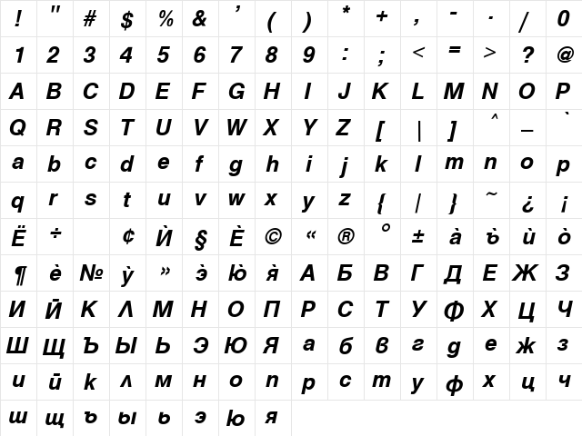 Helen Bold Italic  glyph index