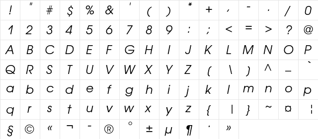 AvantGardeGothicC Italic  glyph index