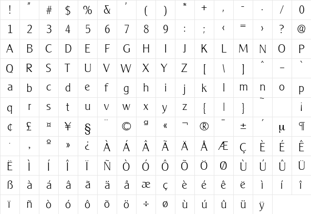 Cleargothic-Serial-ExtraLight Regular  glyph index