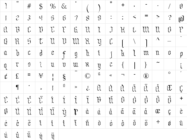 Bensch Gothic Regular  glyph index