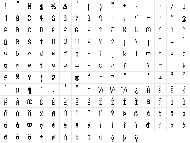 Rhinestone 101 Regular  glyph index