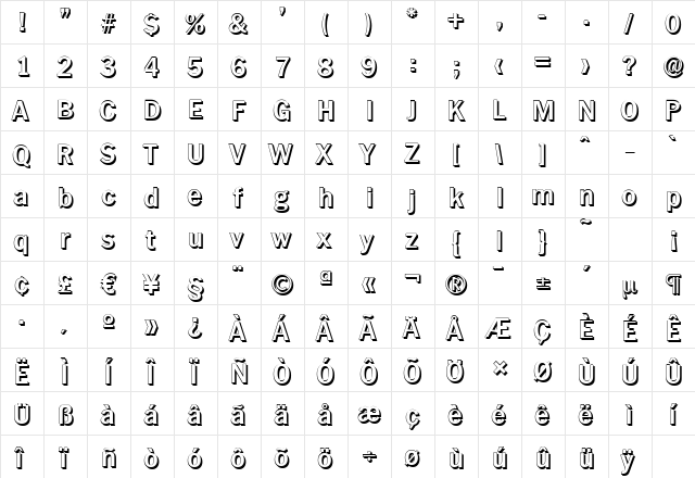 PlymouthShadow Bold  glyph index
