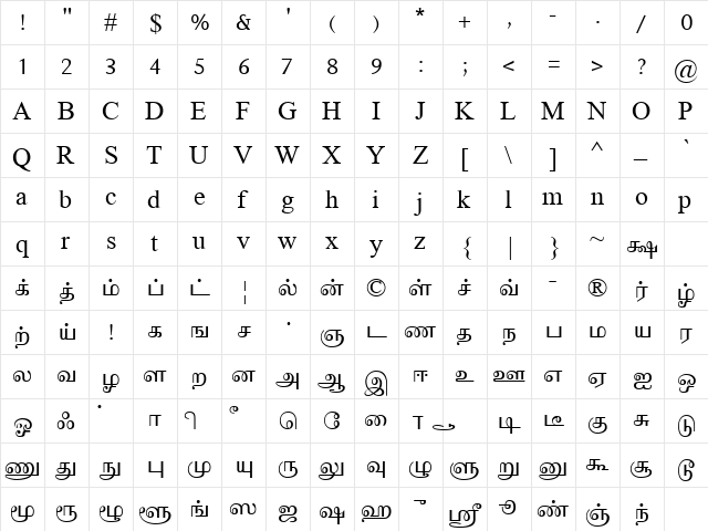 Kanian-Tamilnet Normal  glyph index