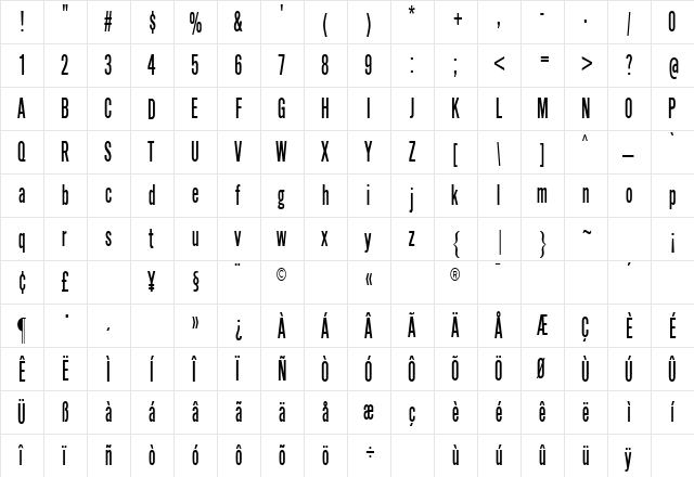 SimpleTypeCondensed Regular  glyph index