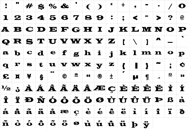 Beleiz -Thick Condensed Regular  glyph index