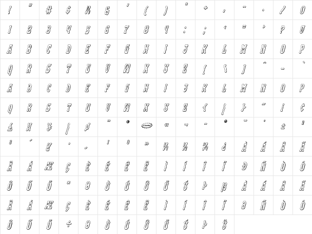 Black Gunk 3D Italic Italic  glyph index