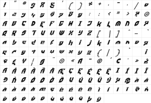 EstukiOutlineItalic Regular  glyph index