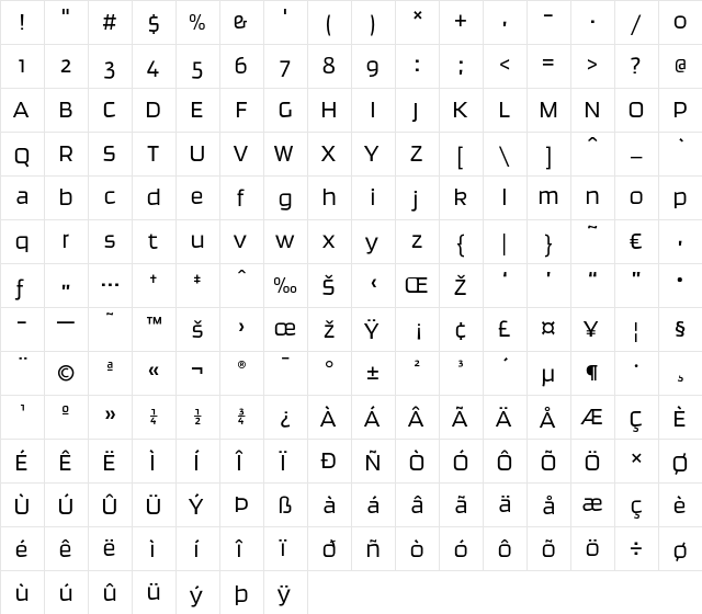 Ginger-Light Regular  glyph index