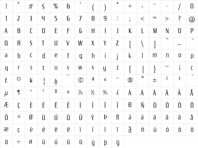 General Medium  glyph index