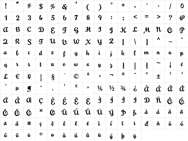 Glengary NF Regular  glyph index