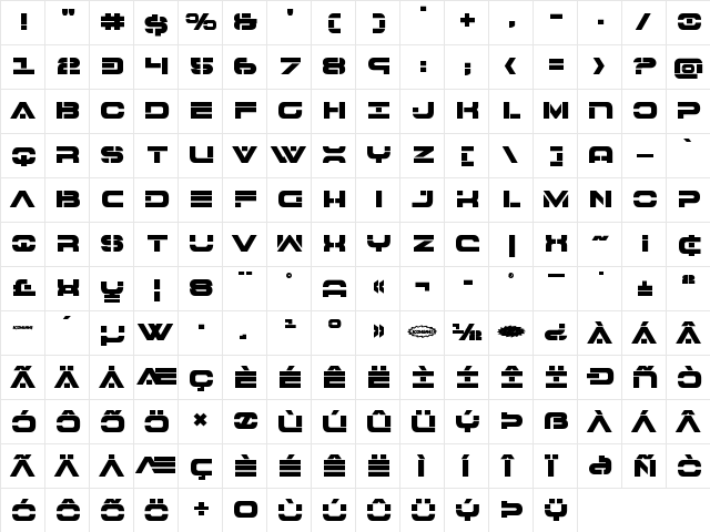 7th Service Bold Bold  glyph index