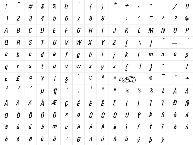 Universal Condensed Italic  glyph index