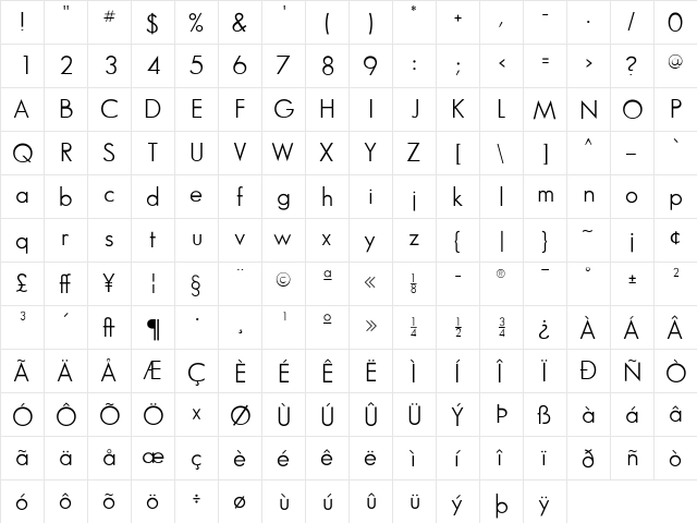 SansSerifBookFLF Regular  glyph index