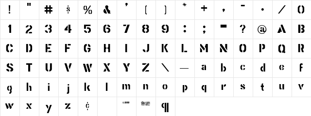Stencil Gothic BE Regular  glyph index