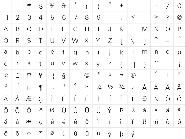 Unique Light Regular  glyph index