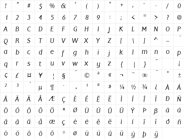 Flatus Italic  glyph index