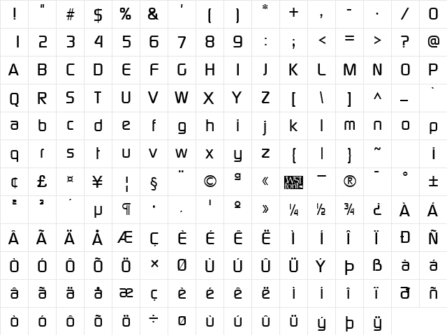 Modaerne Regular  glyph index