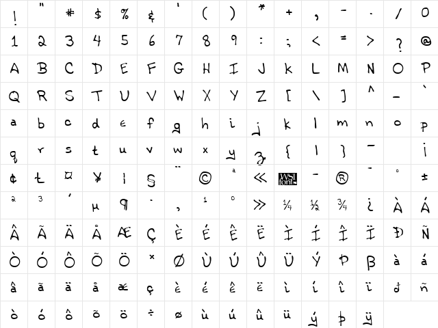 AustinsHand Regular  glyph index