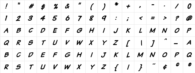 VTCSundaykomixcaps Bold Italic  glyph index