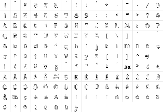 OnedinOutline Regular  glyph index