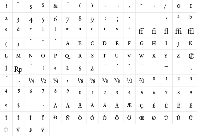 Garamond BE Regular Expert  glyph index