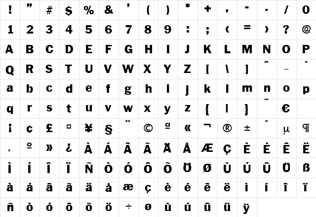 Plymouth-ExtraBold Regular  glyph index