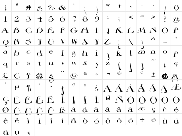 BodoniFlying Regular  glyph index
