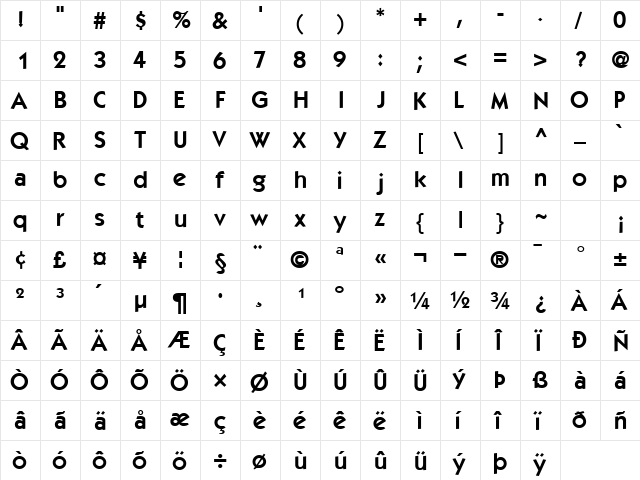 PerformaBookSSK Bold  glyph index