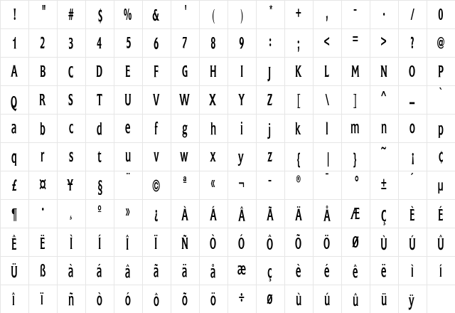 TRGFlange Regular  glyph index