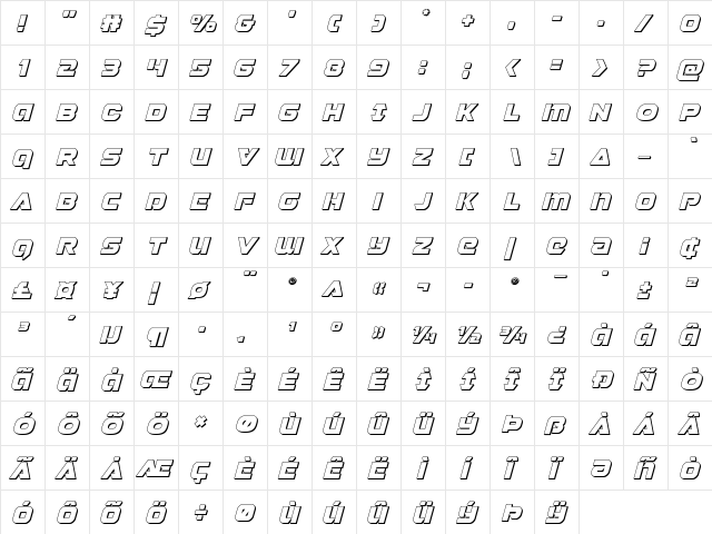 Jeebra 3D Italic Italic  glyph index