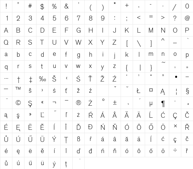 AcciuTEELig Regular  glyph index