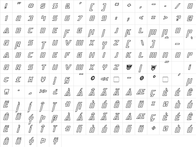Megatron Hollow Italic  glyph index