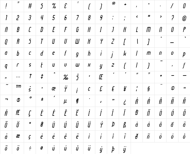 Lady Ice Italic  glyph index